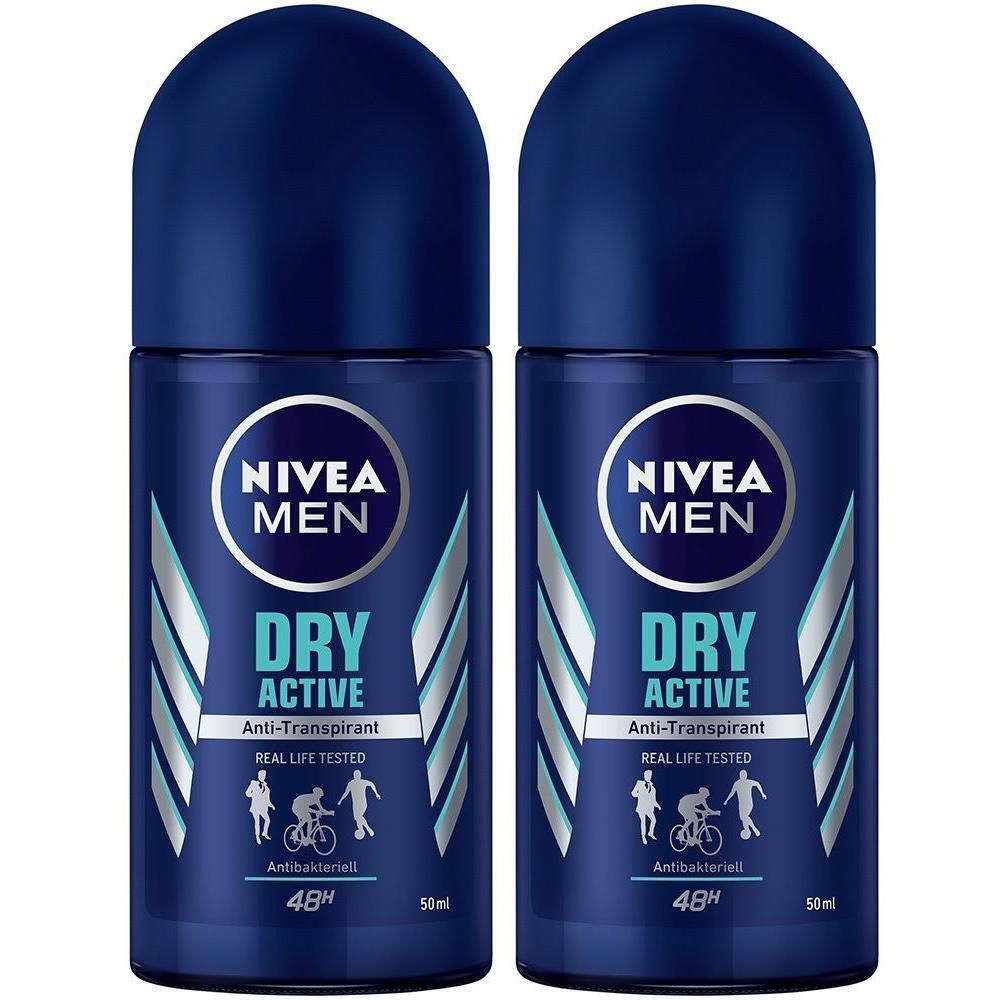 Zwei NIVEA MEN Dry Active Roll-on Deodorants. Dunkelblaue Flaschen mit silbernen Akzenten und Produktinformationen.