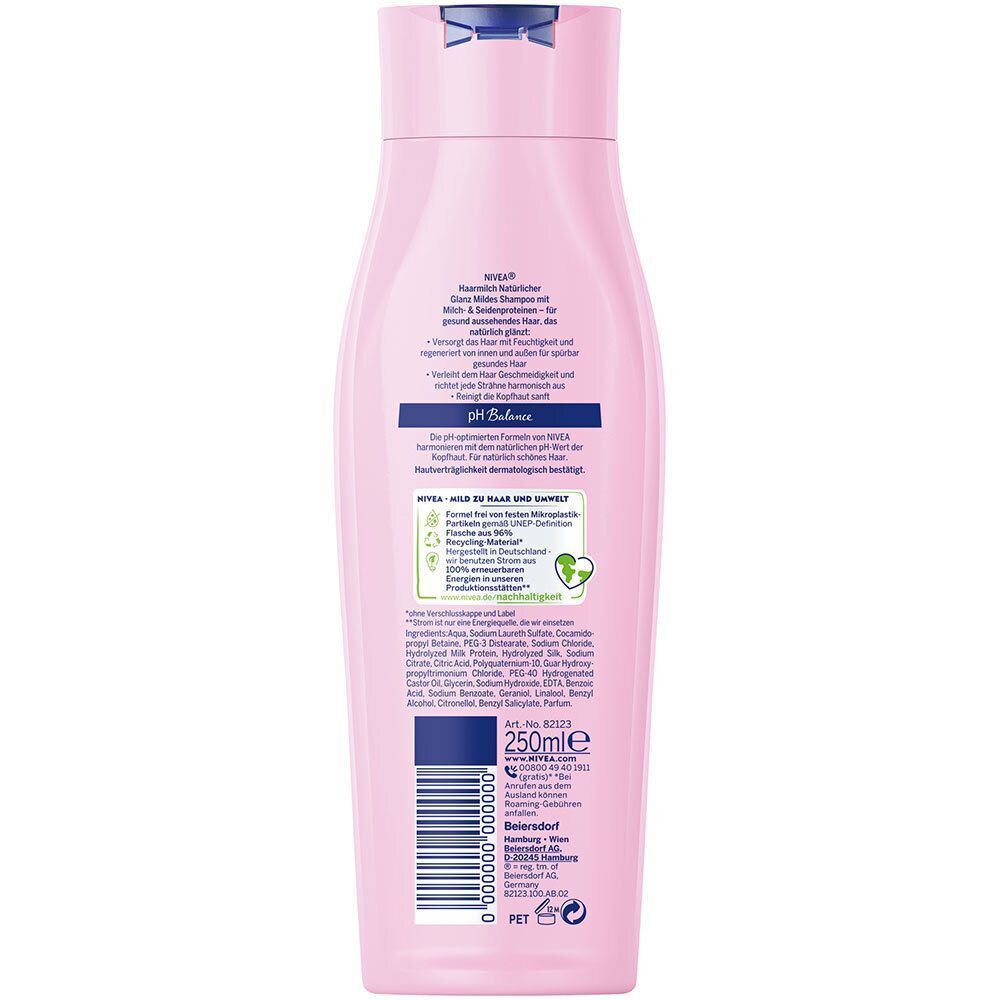 Rückseite einer NIVEA Haarmilch Pflegeshampoo Flasche in Rosa. Enthält Produktinformationen, Inhaltsstoffe und Barcode. 250ml.