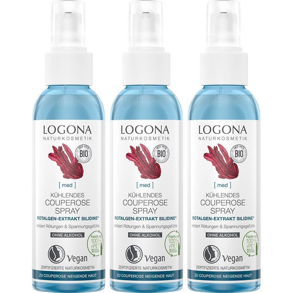 Drei Flaschen LOGONA Naturkosmetik Kühlendes Couperose Spray mit rotem Pflanzenextrakt.