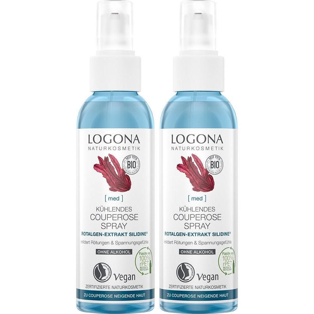 Zwei Flaschen LOGONA Naturkosmetik Kühlendes Couperose Spray mit Etikett.