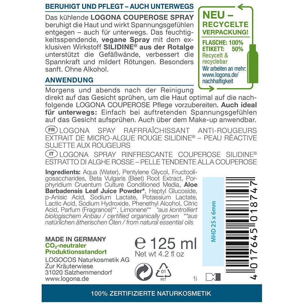 Rückseite einer Flasche LOGONA Naturkosmetik Kühlendes Couperose Spray mit Produktinformationen und Barcode.