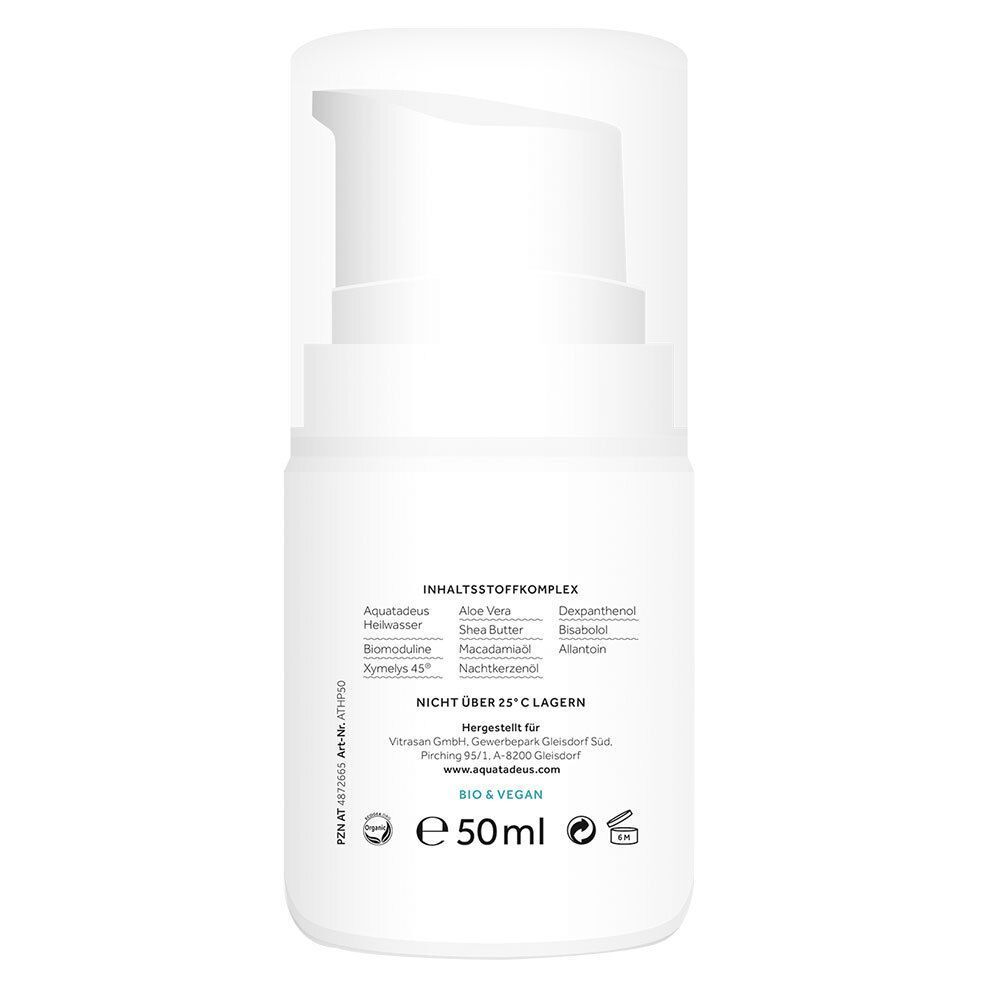 Rückseite eines weißen Pumpspenders mit Inhaltsstoffliste, "BIO & VEGAN" Siegel und "50ml" Angabe.