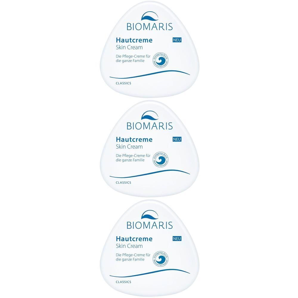 Drei weiße BIOMARIS Hautcreme Behälter mit blauen Schriftzügen und Wellenlogo.