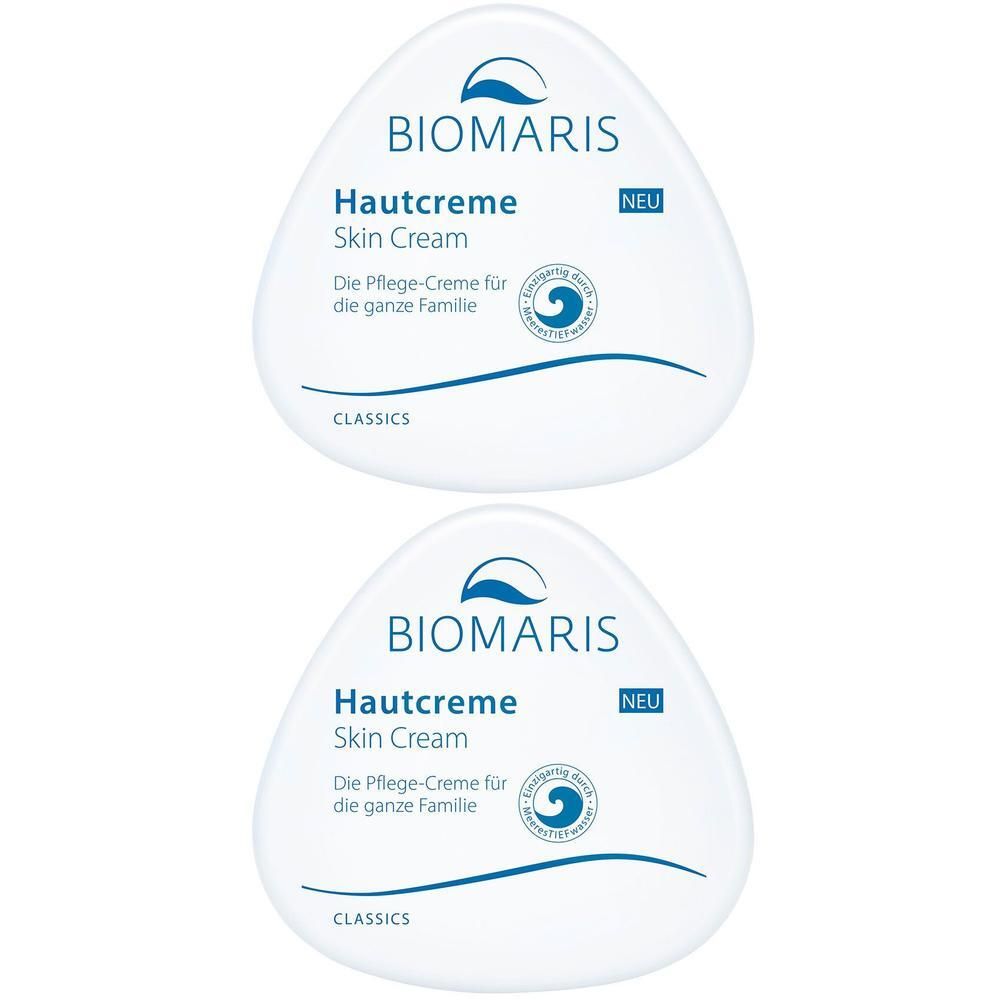 Zwei BIOMARIS Hautcreme Skin Cream Tiegel. Mit Wellen-Logo und "NEU" Kennzeichnung.