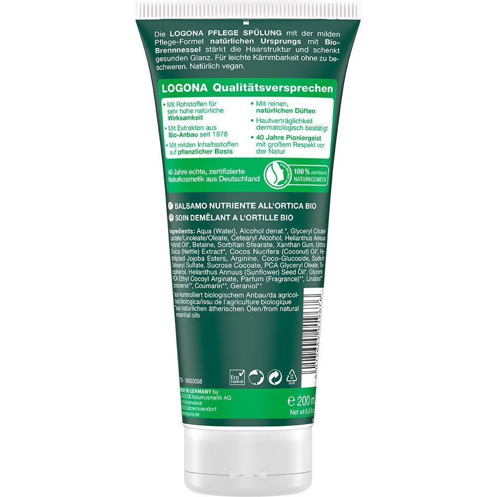 Rückseite einer grünen Tube LOGONA Pflege Spülung Bio Brennnessel mit Produktinformationen und Bio-Siegel.