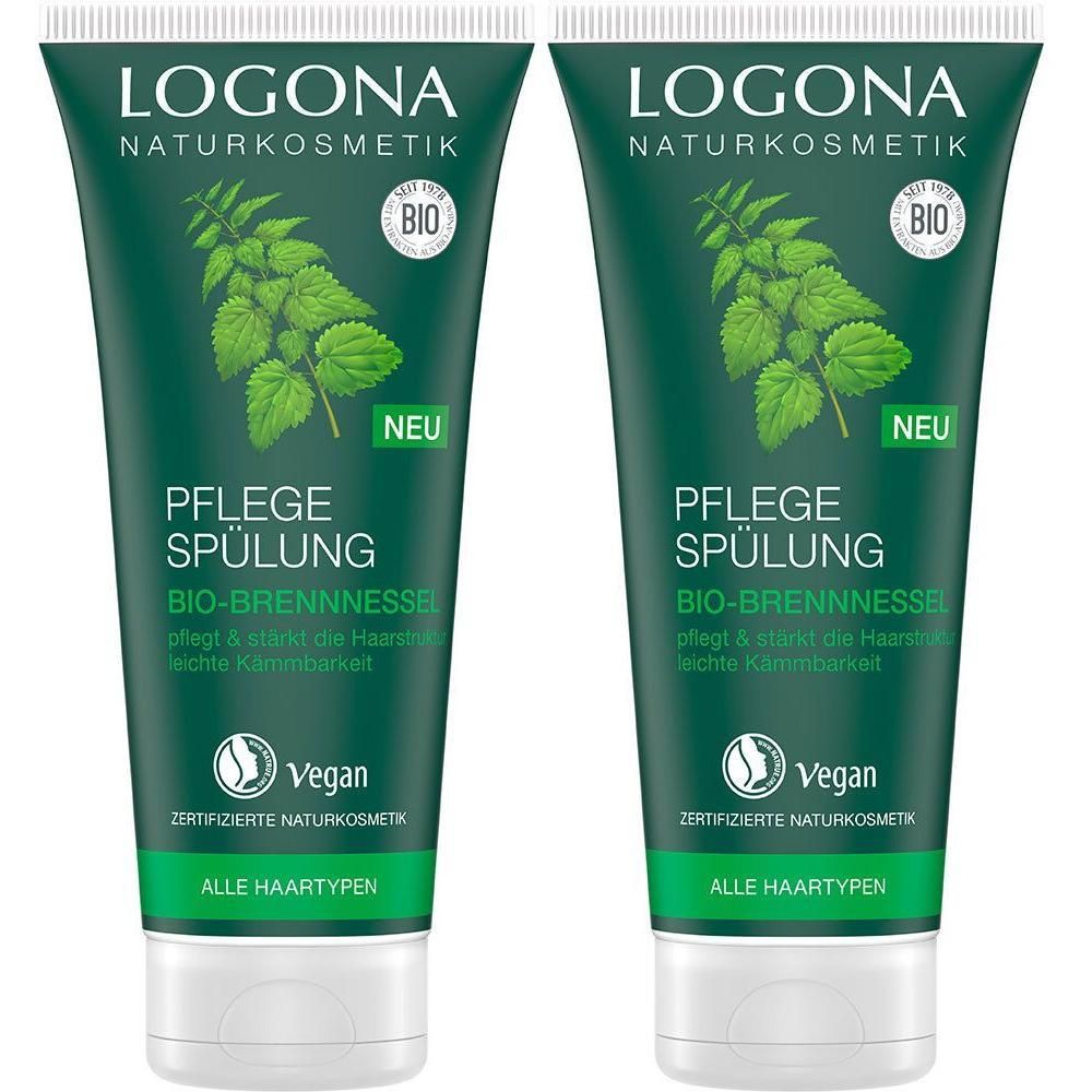 Zwei grüne Tuben LOGONA Pflege Spülung Bio Brennnessel mit Blattmotiv und Siegeln.