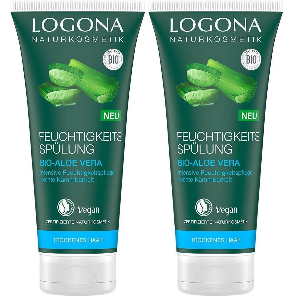 Zwei grüne Tuben LOGONA Feuchtigkeitsspülung Bio-Aloe Vera mit Aloe-Vera-Scheiben und Siegeln.