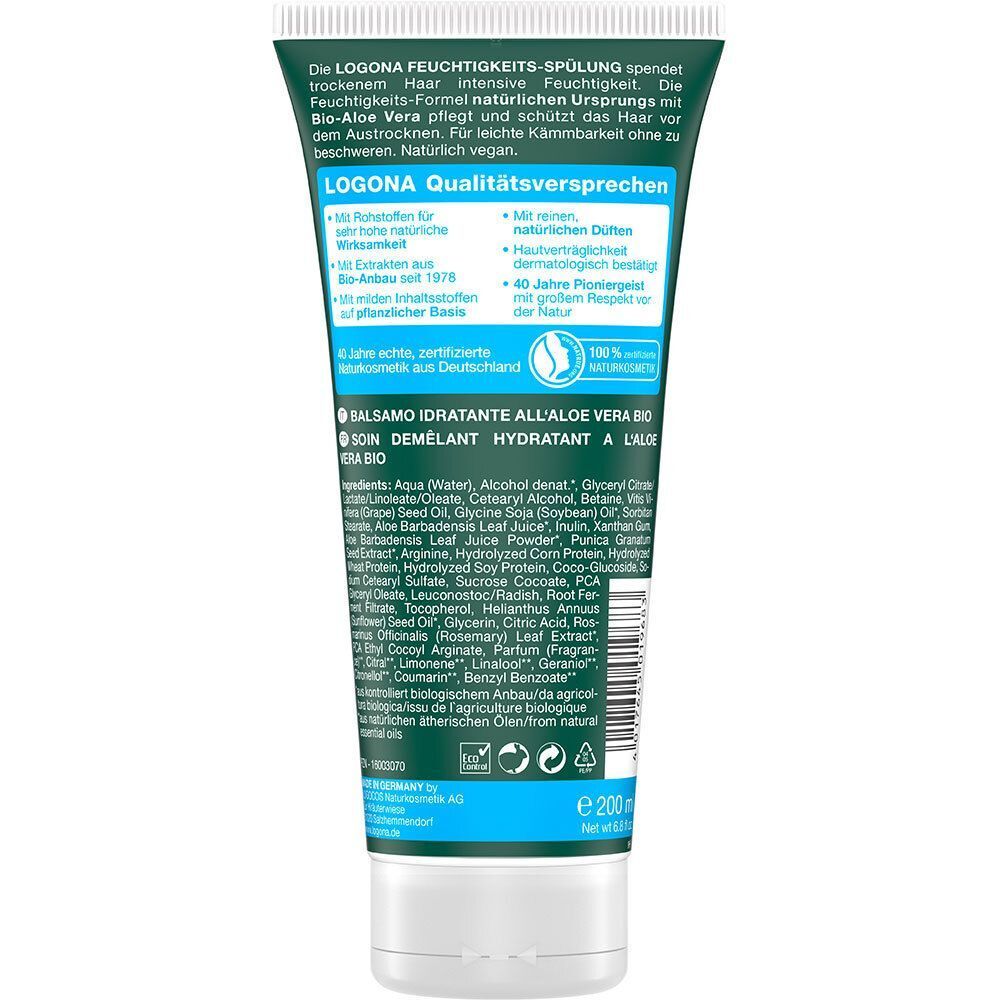 Rückseite einer grünen Tube LOGONA Feuchtigkeitsspülung Bio-Aloe Vera mit Inhaltsstoffen und Siegeln.