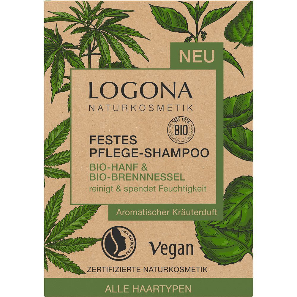 Verpackung des LOGONA Festes Pflege-Shampoo Bio Hanf & Bio Brennnessel mit Pflanzenmotiven und Siegeln.