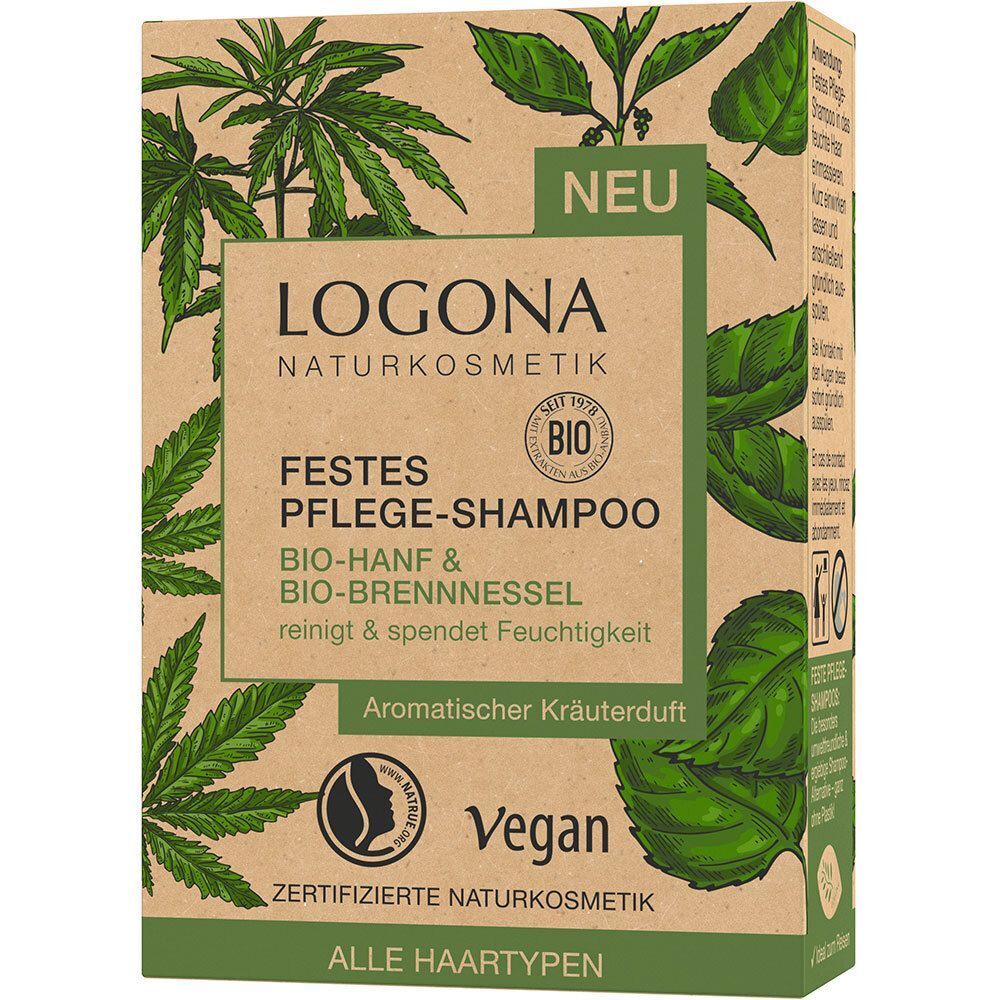 Verpackung des LOGONA Festes Pflege-Shampoo Bio Hanf & Bio Brennnessel, Vorderseite mit Pflanzenmotiven.