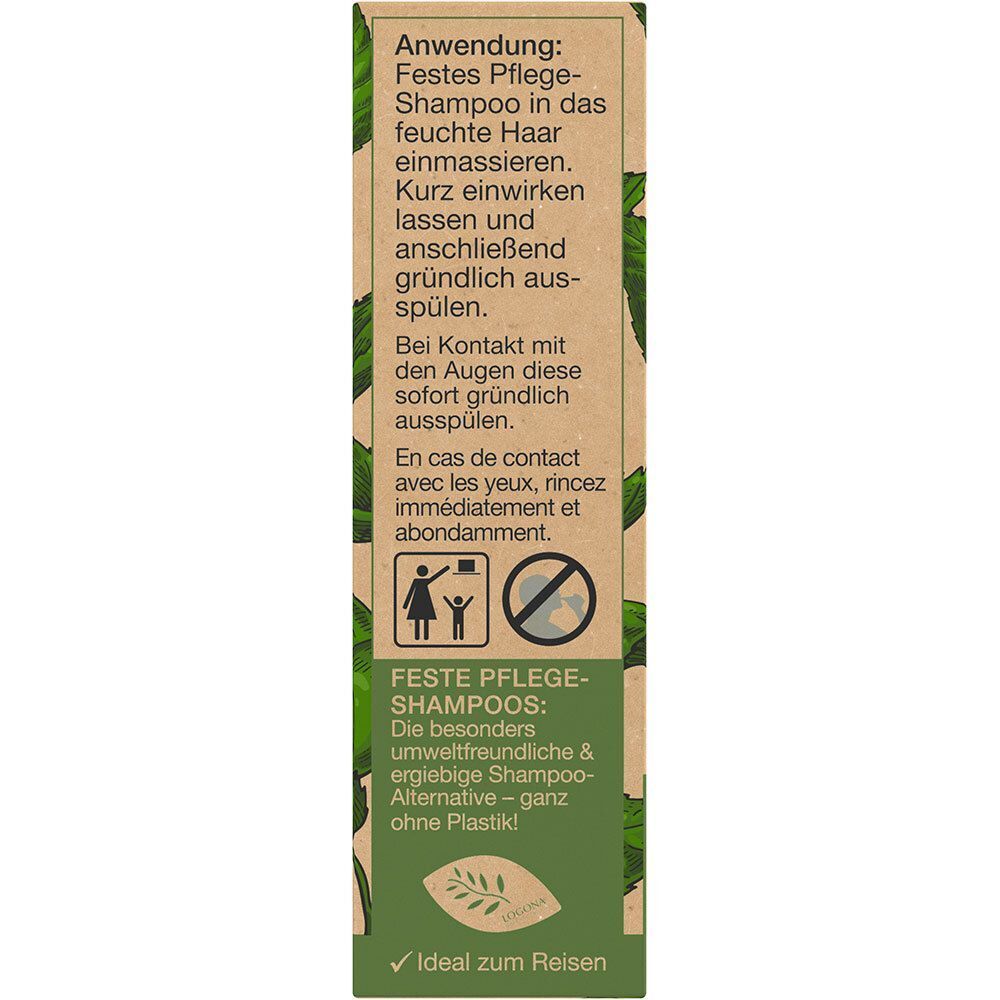 Seitenansicht der Verpackung für festes LOGONA Pflege-Shampoo mit Anwendungshinweisen.