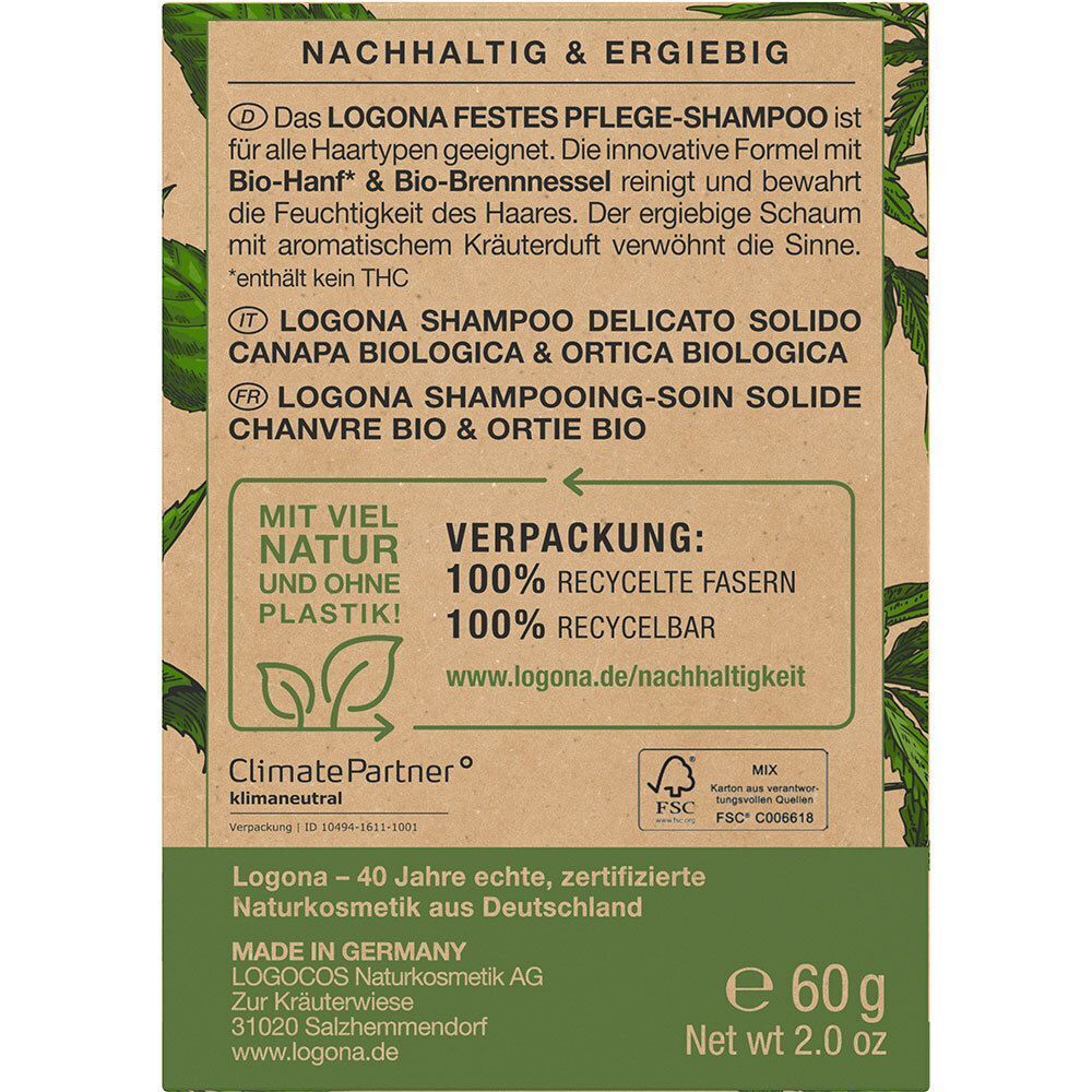 Rückseite der Verpackung für festes LOGONA Pflege-Shampoo mit Nachhaltigkeitsinformationen.