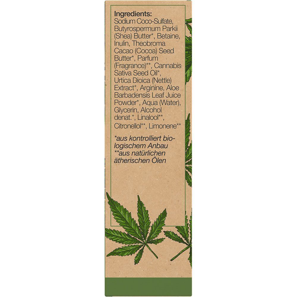 Seitenansicht der Verpackung für festes LOGONA Pflege-Shampoo mit Inhaltsstoffliste.