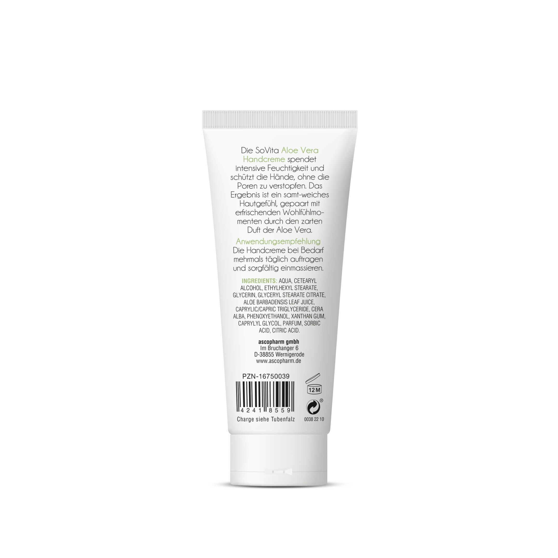 Rückseite einer weißen Tube SoVita Aloe Vera Handcreme mit detaillierten Produktinformationen und Barcode.