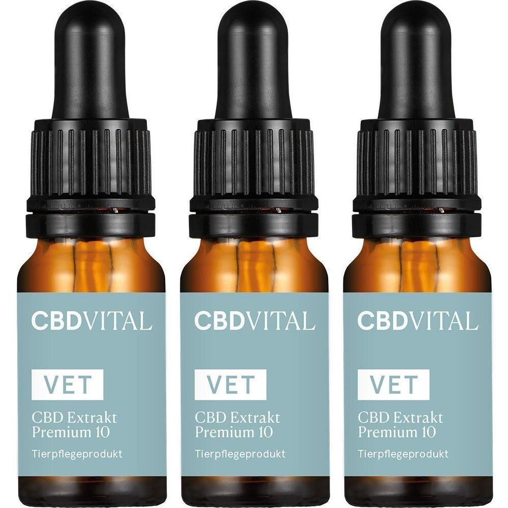 Drei Flaschen CBD Öl 10% für Tiere, Marke CBDVITAL, mit Pipettenverschluss.