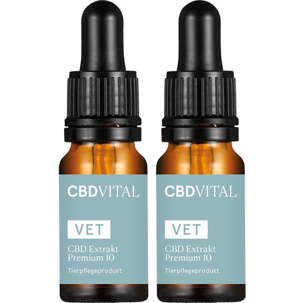 Zwei Flaschen CBD VITAL VET CBD Öl 10% mit Pipettenverschluss.