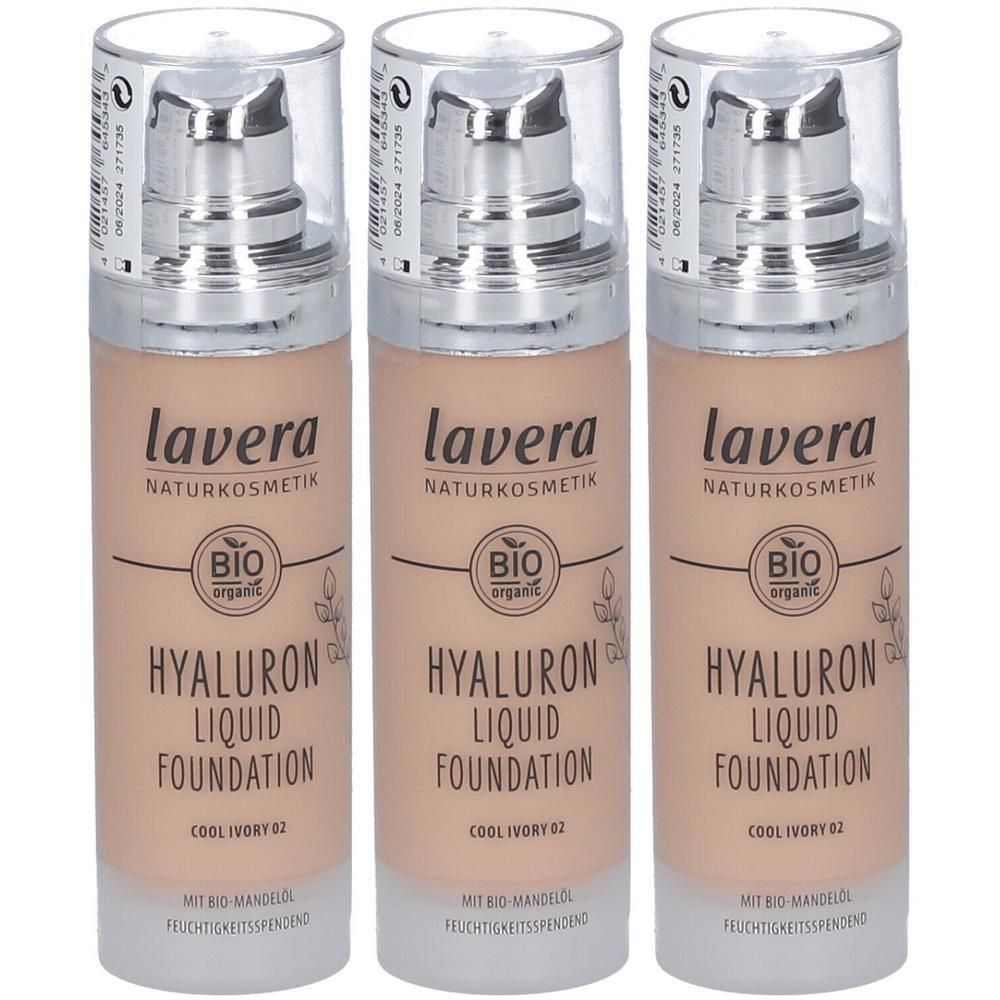 Drei Flaschen Lavera Hyaluron Liquid Foundation, Cool Ivory 02, mit Pumpspender.