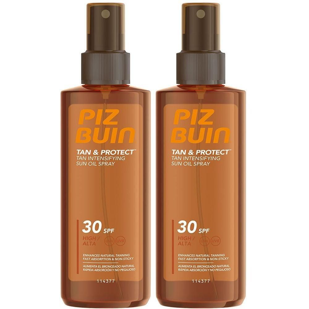 Zwei PIZ BUIN TAN & PROTECT Öl-Sprays mit LSF 30 in braunen Flaschen mit Sprühkopf.