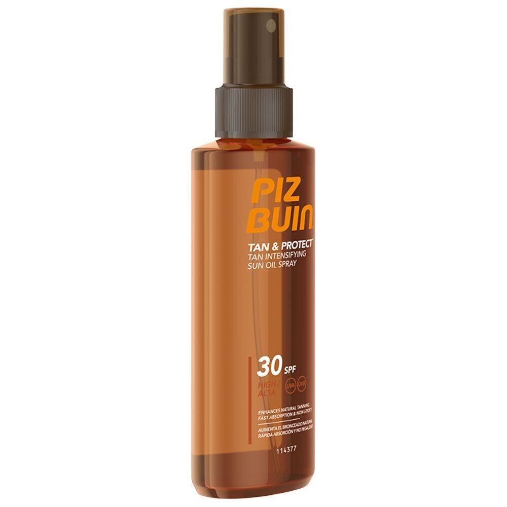 Ein PIZ BUIN TAN & PROTECT Öl-Spray mit LSF 30 in einer braunen Flasche mit Sprühkopf.