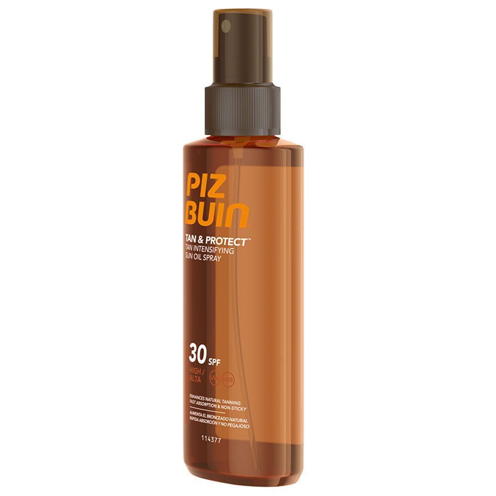 Ein PIZ BUIN TAN & PROTECT Öl-Spray mit LSF 30 in einer braunen Flasche mit Sprühkopf.