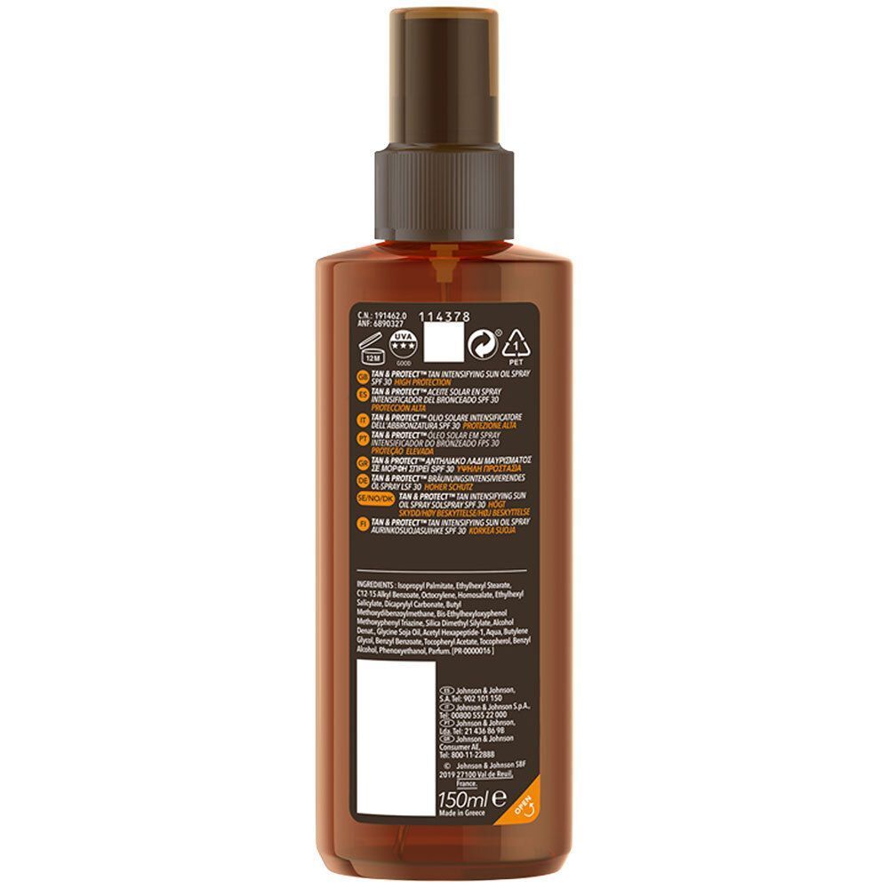 Rückseite eines PIZ BUIN TAN & PROTECT Öl-Sprays LSF 30, mit Inhaltsstoffen und Anwendungshinweisen.