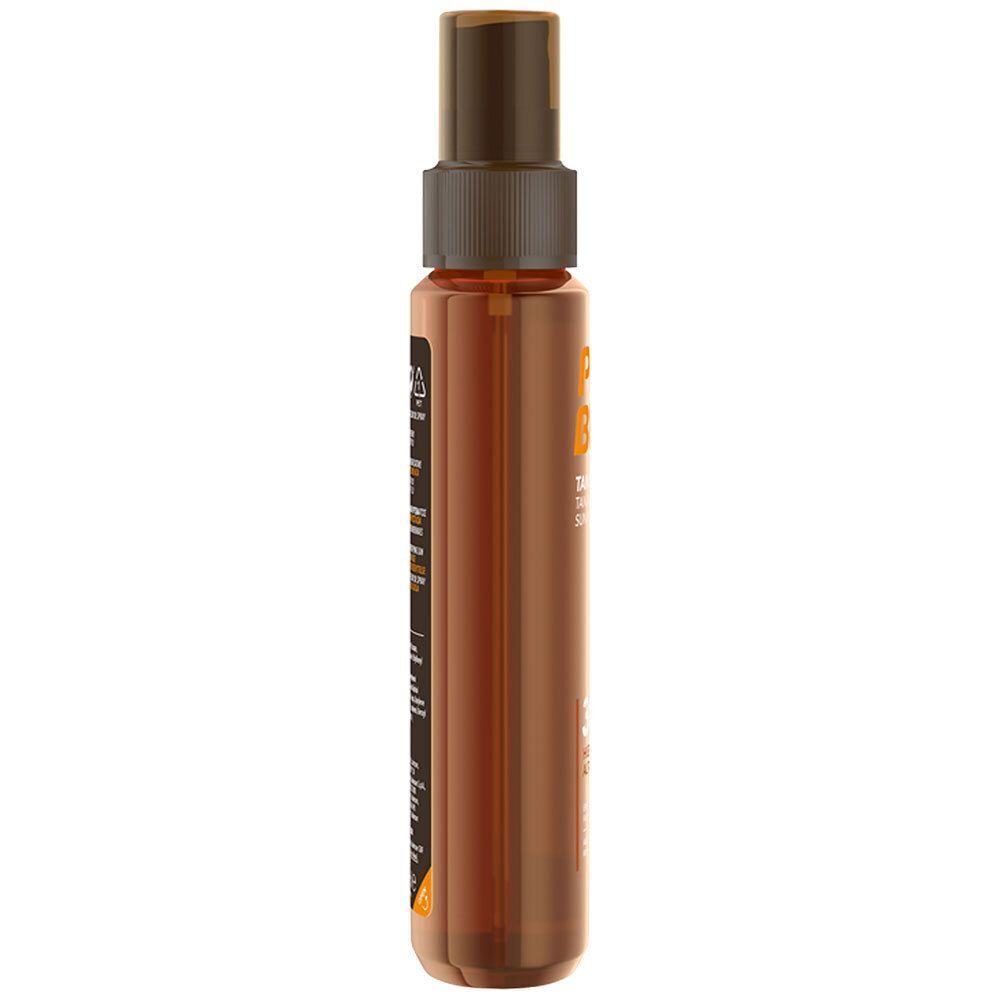 Seitenansicht eines PIZ BUIN TAN & PROTECT Öl-Sprays LSF 30 in einer braunen Flasche.