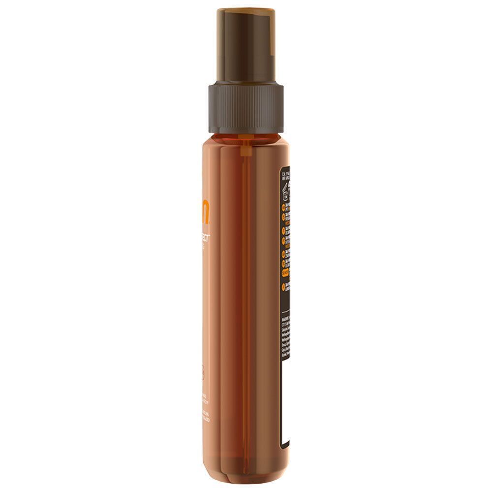 Seitenansicht eines PIZ BUIN TAN & PROTECT Öl-Sprays LSF 30 in einer braunen Flasche.
