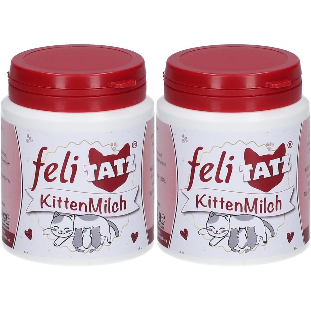 Zwei Dosen feliTATZ Kittenmilch mit roten Deckeln. Vorderseite zeigt Logo und eine Katze mit Kätzchen.