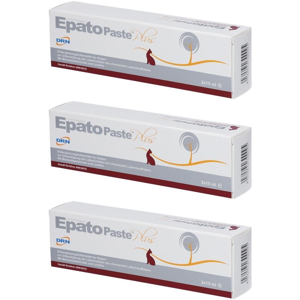 Drei Schachteln EpatoPaste Plus von DRN, jeweils 2x15 ml, mit Vogel- und Baumdesign.