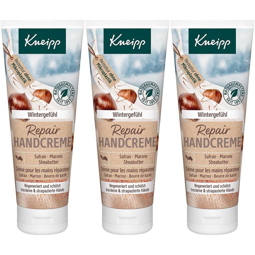 Drei Tuben Kneipp Repair Handcreme Wintergefühl mit Safransamen und Sheabutter.