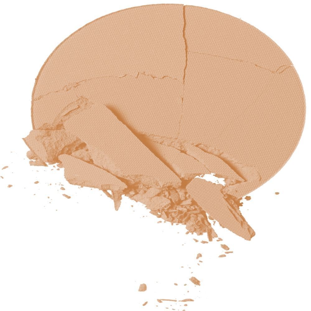 Zerbrochenes Lavera Satin Compact Powder in hellem Farbton auf weißem Hintergrund.