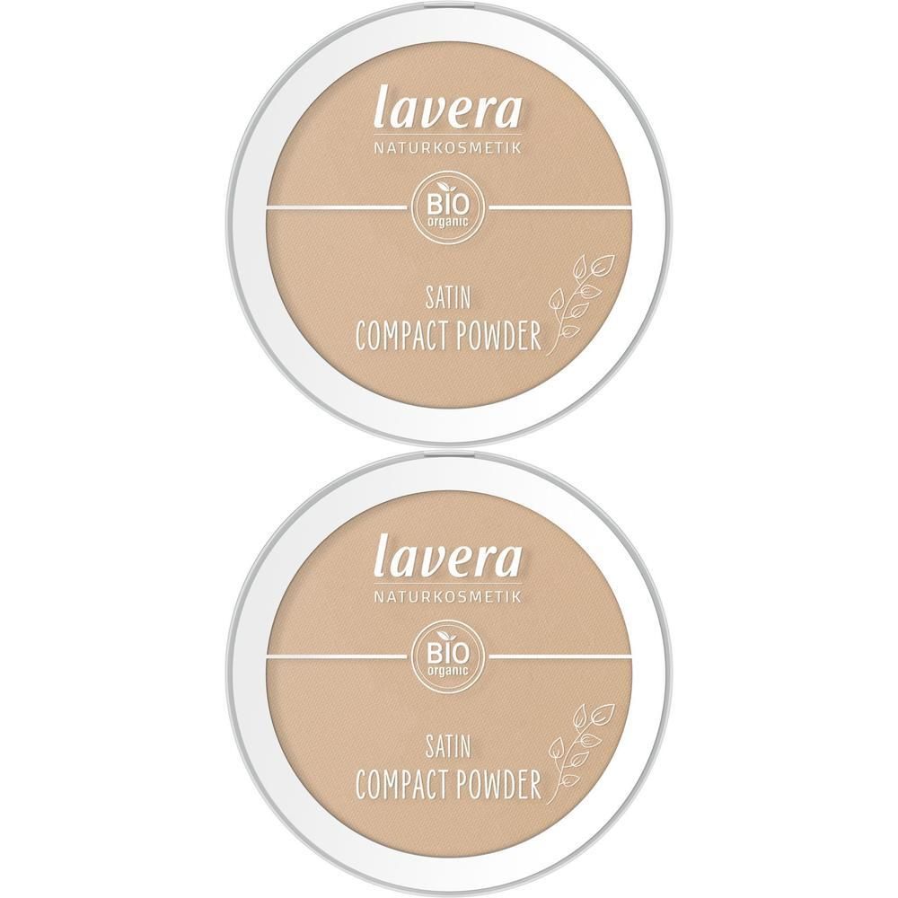 Zwei geschlossene Lavera Satin Compact Powder Tiegel in Beige.