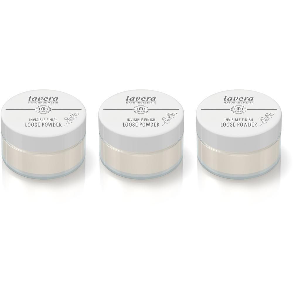 Drei Lavera Invisible Finish Loose Powder Behälter nebeneinander.