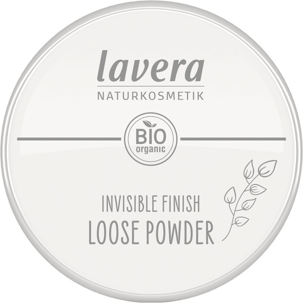 Deckel eines Lavera Invisible Finish Loose Powder Behälters mit Logo und Produktbezeichnung.