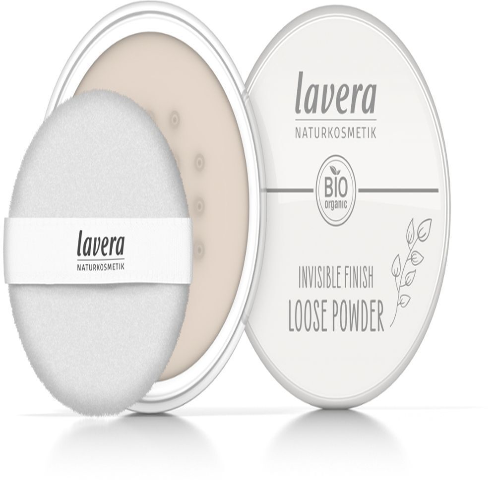 Geöffneter Lavera Invisible Finish Loose Powder Behälter mit Quaste und Puder.
