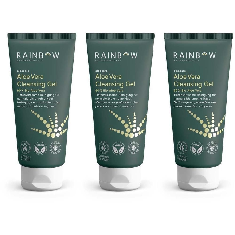 Drei Tuben Rainbow aloecare Aloe Vera Cleansing Gel nebeneinander.