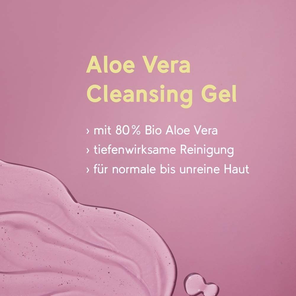 Text mit Informationen über Rainbow aloecare Aloe Vera Cleansing Gel auf rosa Hintergrund.