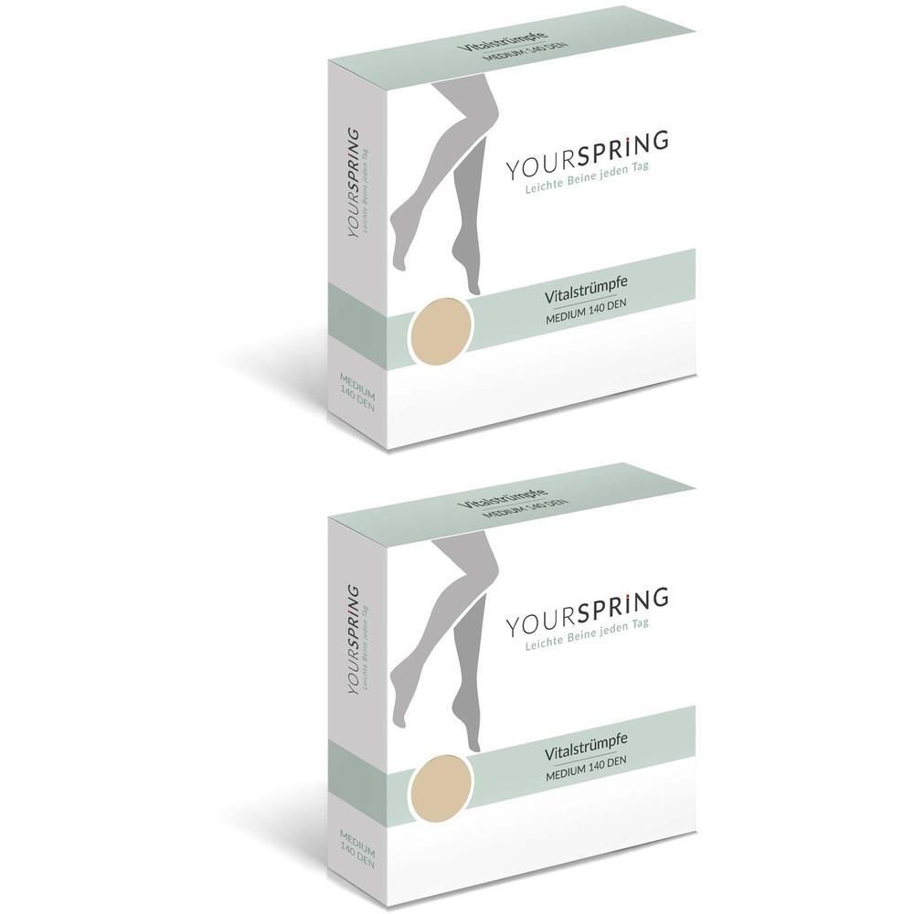 Zwei Kartons mit YOURSPRING Vitalstrümpfen, Medium 140DEN, nussfarben.