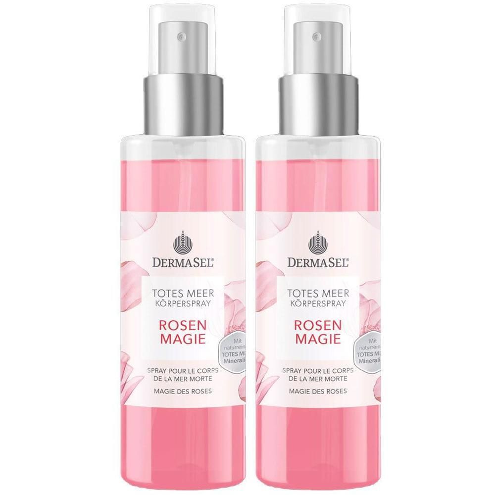 Zwei Flaschen DERMASEL® TOTES MEER Körperspray Rosen Magie mit Pumpsprühkopf.