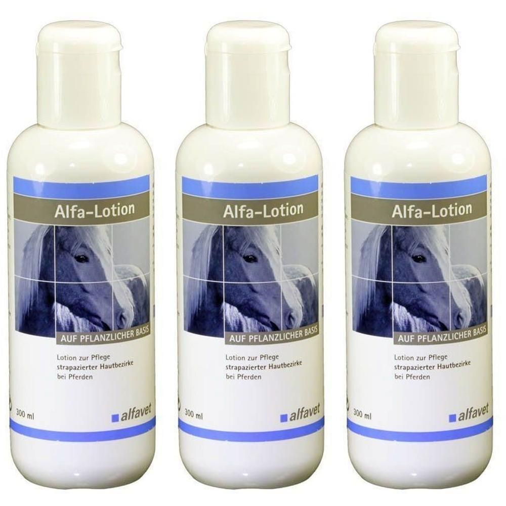 Drei Flaschen Alfa-Lotion für Pferde mit Pferdeabbildung auf dem Etikett.