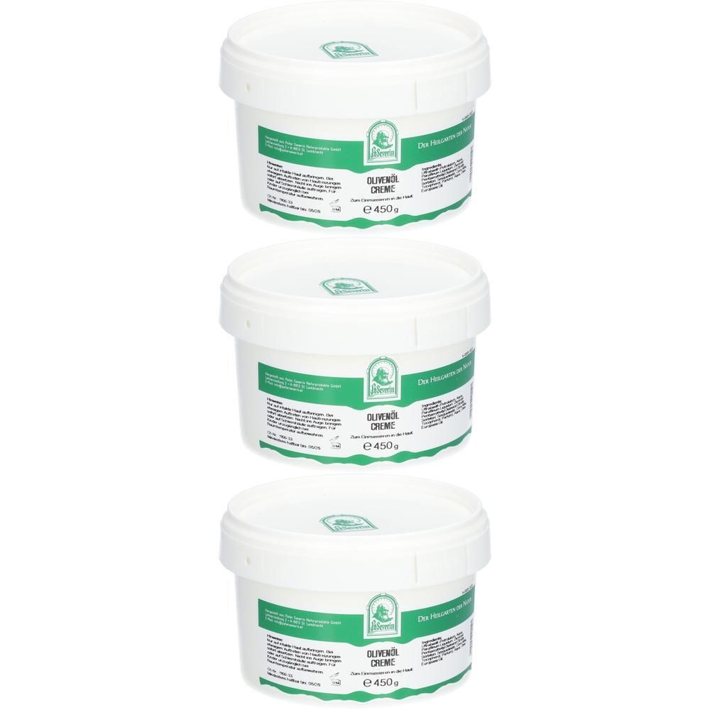 Drei weiße Tiegel mit Olivenölcreme, jeweils 450g. Grüne Etiketten mit Produktinformationen.