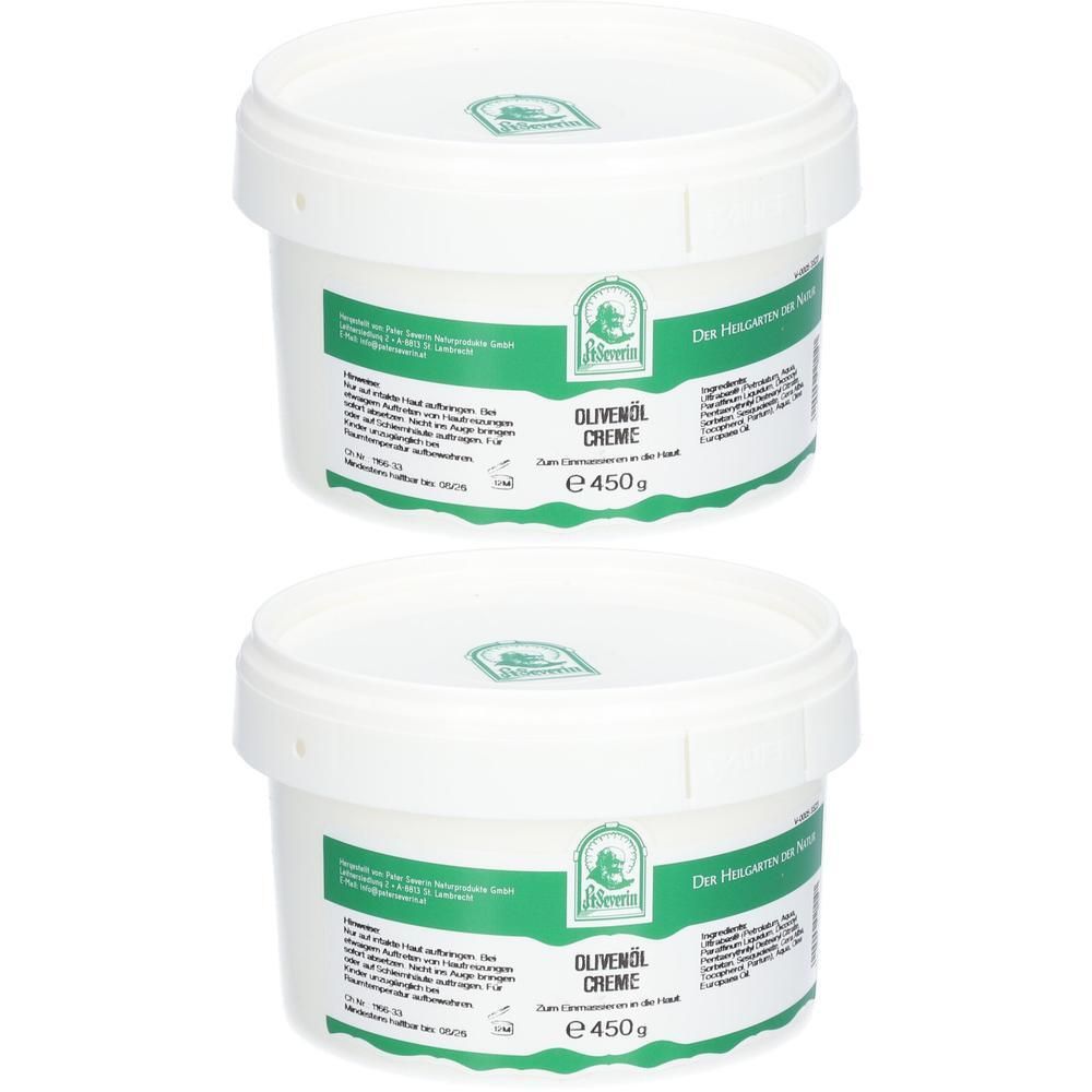 Zwei weiße Tiegel mit Olivenöl Creme, jeweils 450g.