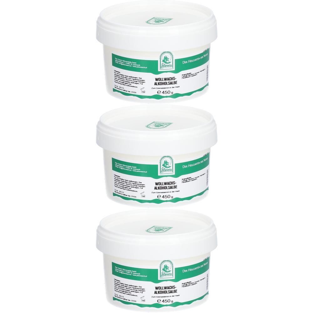 Drei weiße Tiegel mit Pater Severin Wollwachsalkohol Salbe, jeweils 450g.