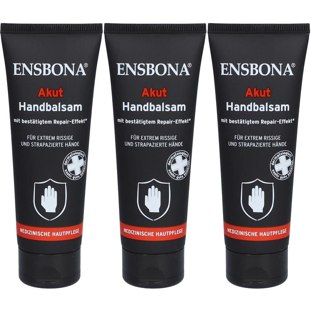 Drei ENSBONA Akut Handbalsam Tuben mit schwarzem Aufdruck auf schwarzem Hintergrund. Medizinische Hautpflege.