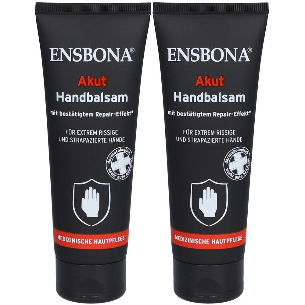 Zwei ENSBONA® Akut Handbalsam Tuben mit dermatologisch getesteter Formel für extrem rissige Hände.