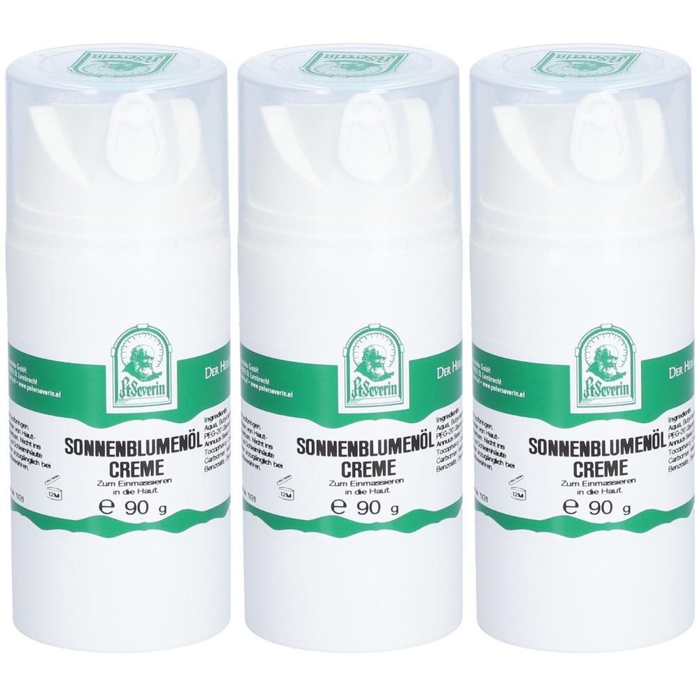 Drei weiße Spenderflaschen mit Sonnenblumenölcreme, jeweils 90g.