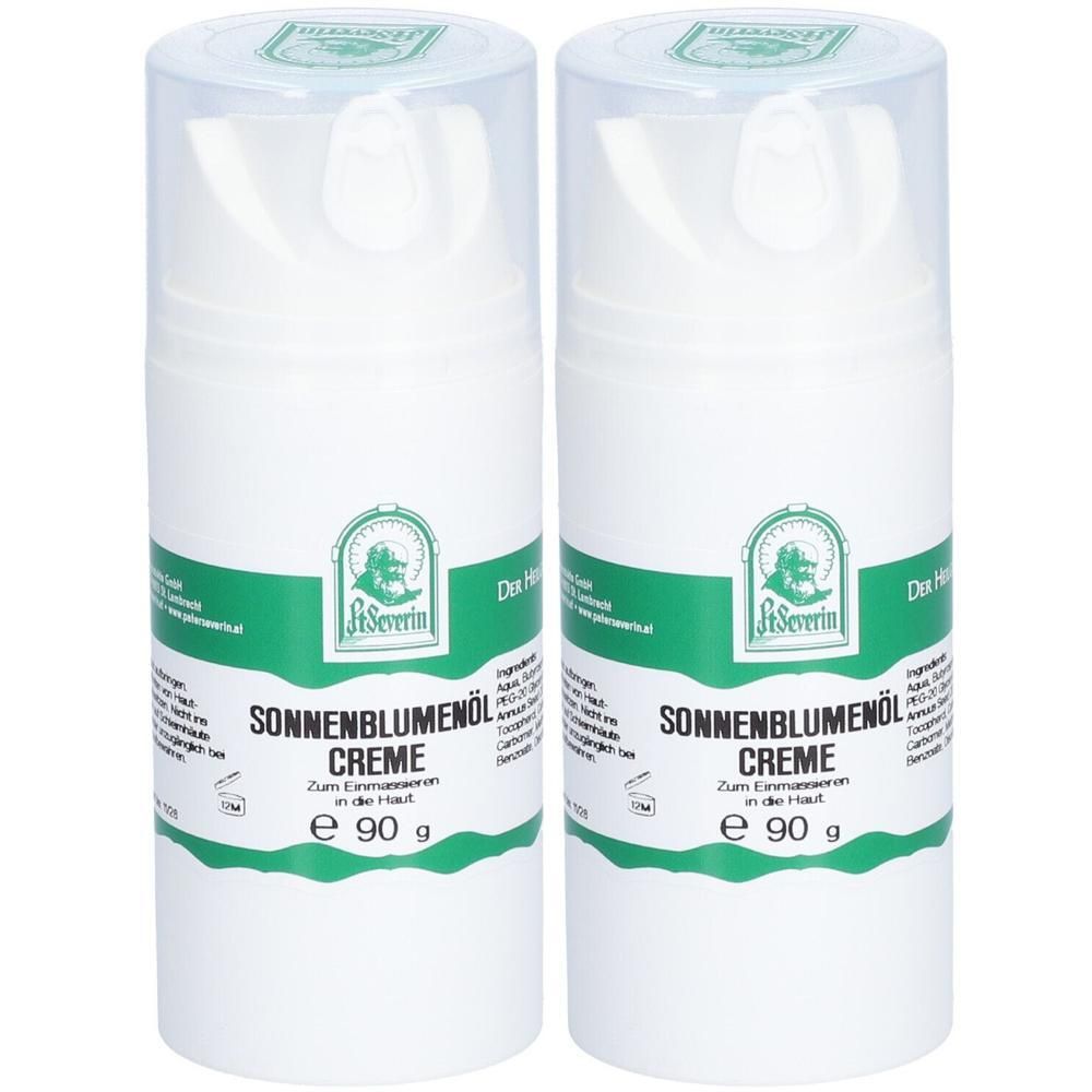 Zwei weiße Pumpspender mit Sonnenblumenöl Creme, je 90g.