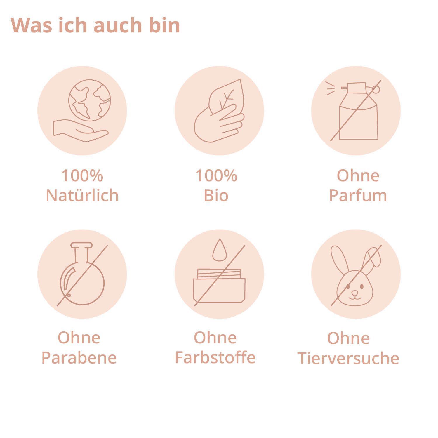 Symbole für 100% natürlich, 100% Bio, ohne Parfum, ohne Parabene, ohne Farbstoffe, ohne Tierversuche.