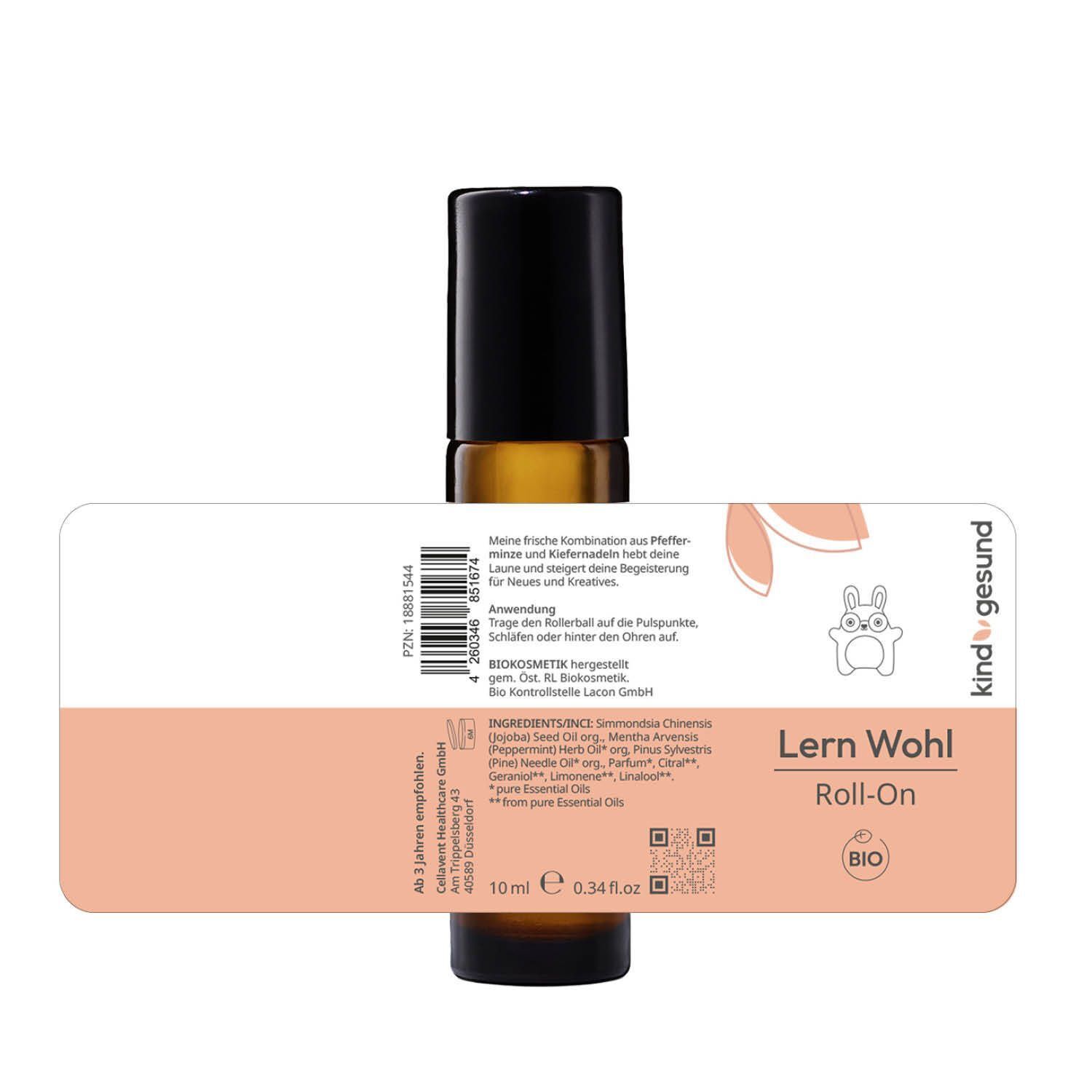 Rückseite eines kindgesund® Bio-Lern Wohl Roll-Ons mit Etikett, Inhaltsstoffen und Barcode.
