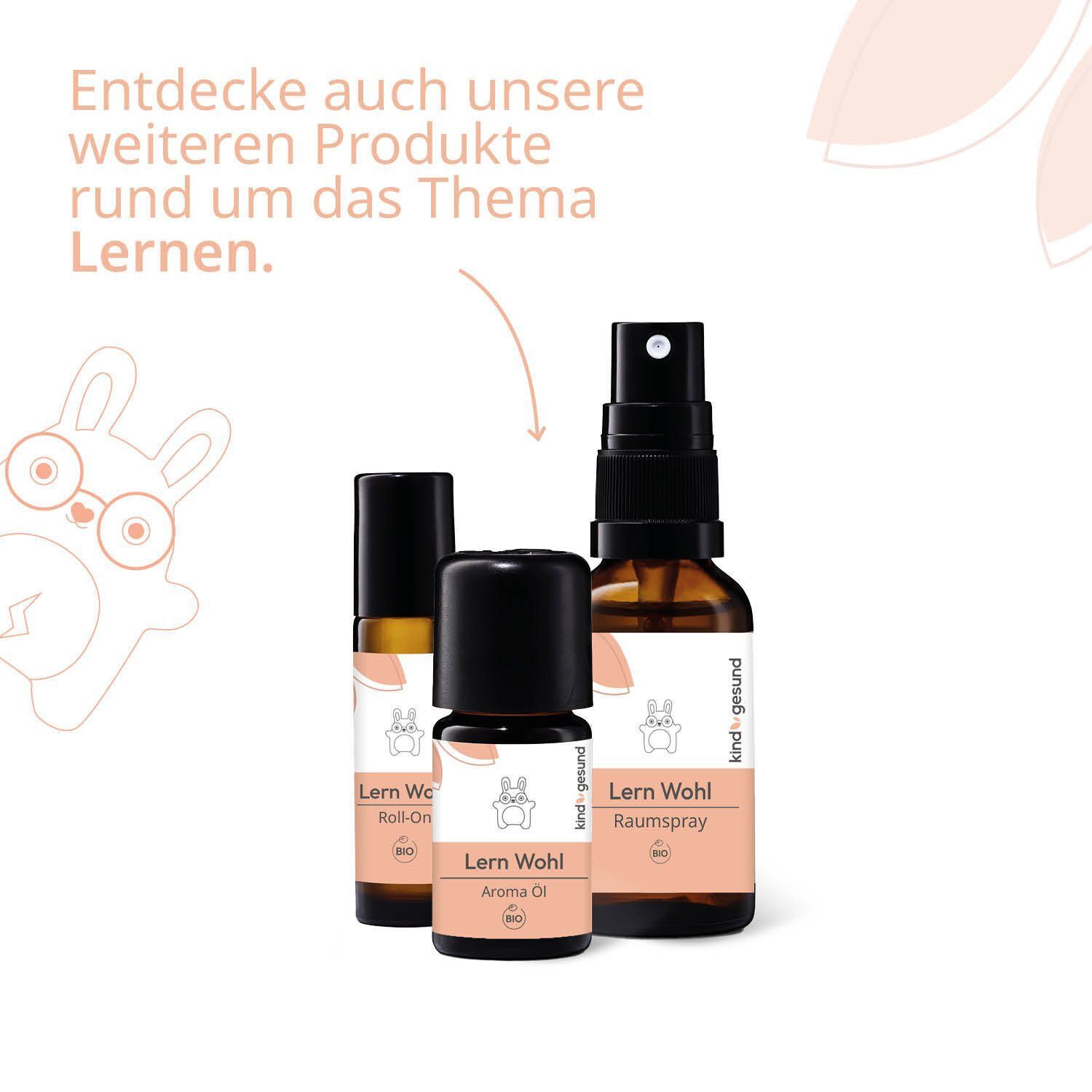 Drei kindgesund® Lern Wohl Produkte: Roll-On, Aroma-Öl und Raumspray.